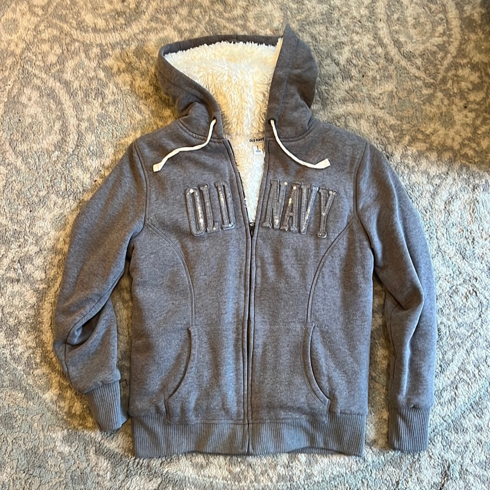 Fleece lined zip up hoodie sequin logo
